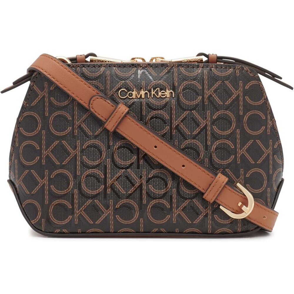 〽️Women's Brown Triple Compartment Logo Emboss Adjustable Strap Crossbody Bag